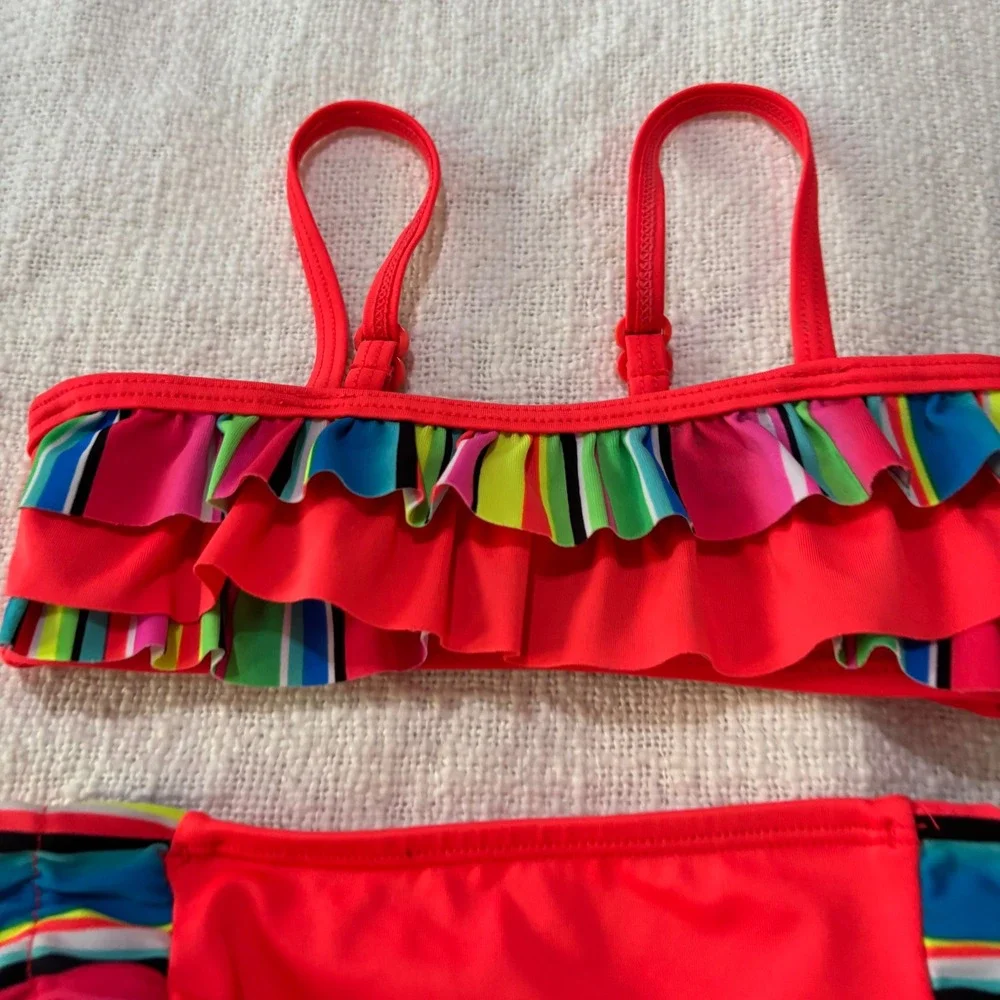 Justice Girls Two Piece Bikini Swimsuit Bundle Coral Ruffle Neon Aztec Size 5 6
